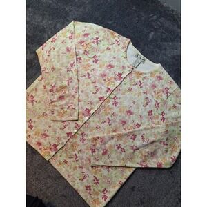 VTG L.L. Bean Button Up Cardigan Sweater Womens L Pink Floral Coquette Grama